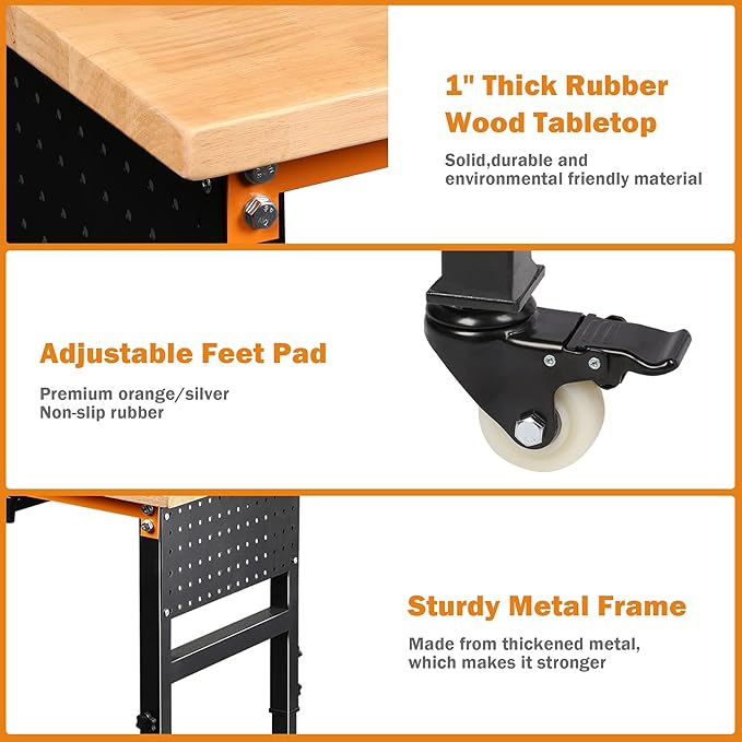 Betterhood 60" Adjustable Workbench for Garage, Rubber Wood Shop Table W/Wheels & Double Pegboards & Drawer, 2000 LBS Load Capacity Hardwood Worktable for Workshop, Garage, Office, Home, Commercial