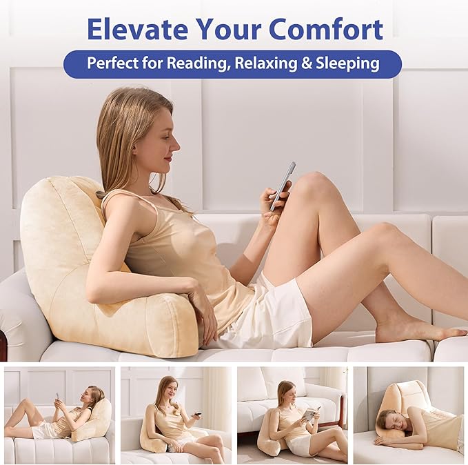 IASEAHK Reading Pillows for Sitting in Bed Adult, Back Pillow for Bed Sitting Up, Backrest Pillows with Shredded Foam for Adult&Teens, Support Pillow with Arms for Beds, Couch, Floor, 24in, Beige