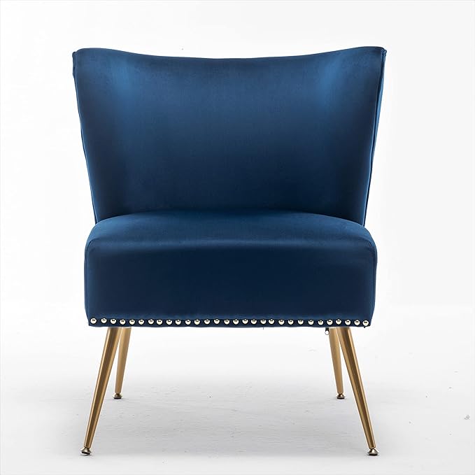 Container Furniture Direct Thia Armless Velvet Accent Chair for Living Room, Elegant Seat with Nailhead Trim, Gold Metal Legs and Comfortable Curved Back, 28" D x 25" W x 29.5" H, Dark Blue