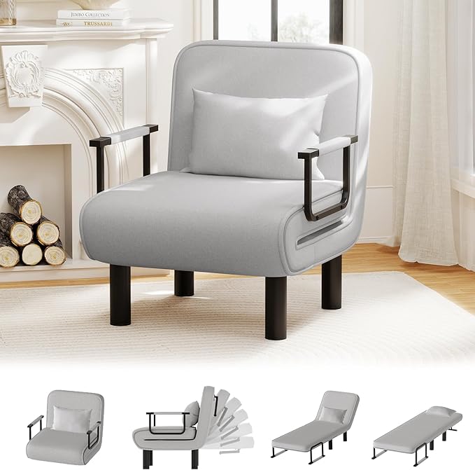 Furniliving 4 in 1 Folding Sofa Bed Chair, Convertible Sleeper Chair Bed with 6-Position Adjustable Backrest, Upholstered Chaise Lounge with Pillow, Accent Chairs for Bedroom, Linen, LightGrey, 2