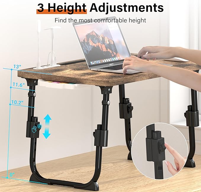 DECOSIS Laptop Desk for Bed Height Adjustable, Lap Bed Table with USB/Storage Drawer/Cup Holder/Tablet Stand/Book Shelf, Foldable Breakfast Tray Portable for Reading Writing, Sofa & Floor, Carbonized