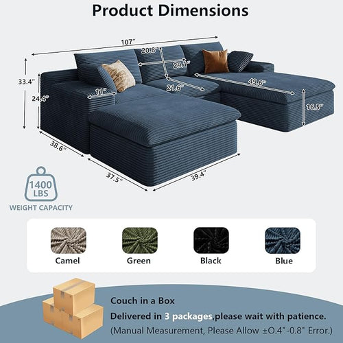 107" Cloud Sectional Couch with U-Shaped Chaise,Viral Corduroy Boneless Sofa with Ottoman,Memory Foam Couches in a Box with Deep Seat for Living Room,No Assembly Required (Blue,Right-Facing Chaise)