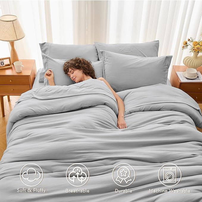 MUXHOMO 7 Pieces King Comforter Set, Soft Bed in a Bag King Size, All Season Bedding Set with Comforter, Flat Sheet, Fitted Sheet, Pillowcases & Shams, Light Grey