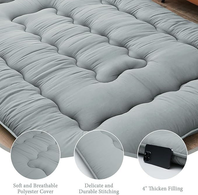 DAICO Japanese Floor Mattress, 4'' Thicken Futon Mattress Tatami Mat, Sleeping Pad Foldable Roll Up Mat for Camping and Guest Room, Queen Size 60''*80'', Grey