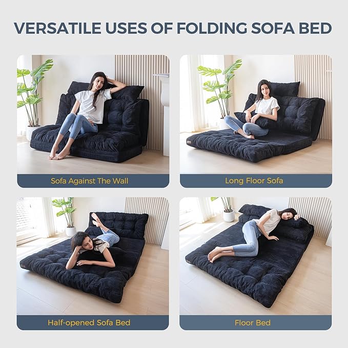 MAXYOYO Bean Bag Bed Tufted Folding Sofa with Pillows - Extra Thick & Long Floor Couch Bed for Adults, Black, 54x91 Inch