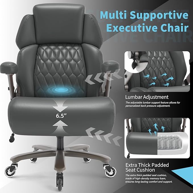 Big and Tall Office Chair 700lbs - Adjustable Headrest&Lumbar Support, 3D Flip Arms, Large Wheels &Heavy Duty Metal Base, Ergonomic High Back Computer Chair Desk Chair, Thick Padded Extra Wide Seat