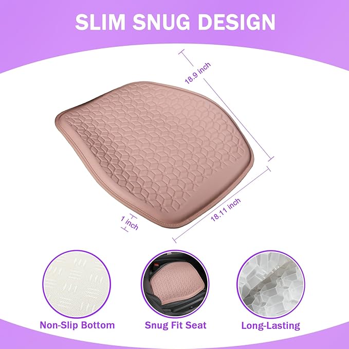 Binsheo Thin Gel Seat Cushion for Car Seat, Office Chair, Wheelchair, Golf Cart - Non-Slip Car Seat Cushions with 0.7 Inch Gel - Sciatica & Coccyx Pain Relief (Leather, Pink)