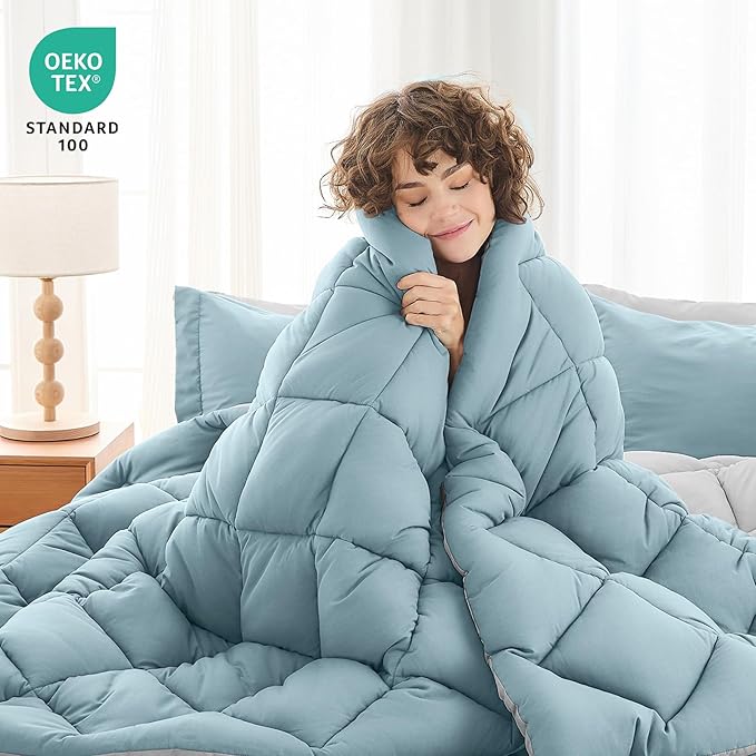 MUXHOMO 7 Pieces Full Comforter Set, Reversible Bed in a Bag Full Size, All Season Bedding Set with Comforter, Flat Sheet, Fitted Sheet, Pillowcases & Shams, Greyish Blue & Light Grey