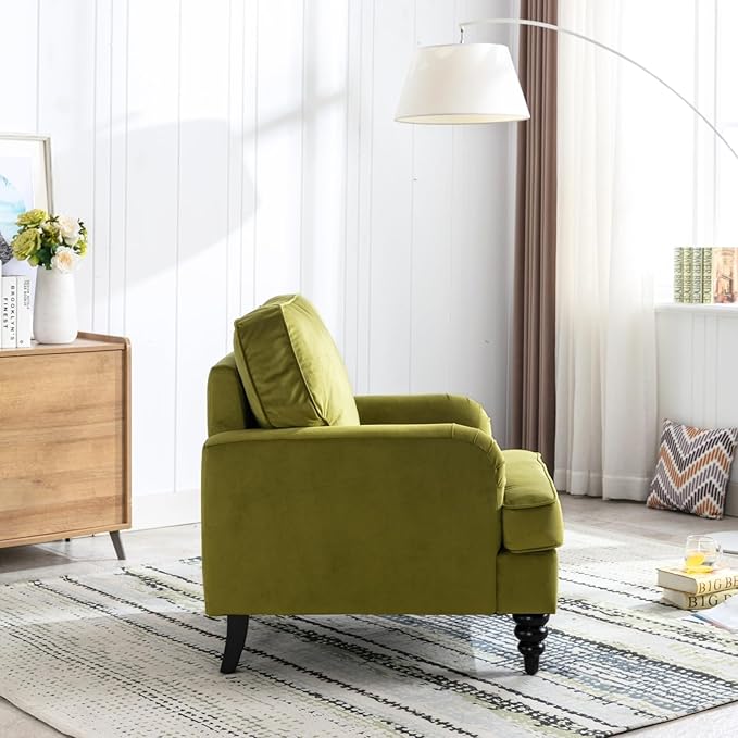 chairus Mid Century Modern Velvet Accent Chair, Vintage Club Armchair with Firm Supportive Seat & Soft Backrest, Comfy Single Sofa Reading Chair for Living Room Bedroom Apartment, Olive Green