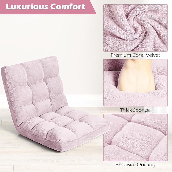 KOMFOTT 14-Position Adjustable Floor Chair with Back Support - Folding Padded Gaming Sofa Chair for Reading, Meditation, Living Room Lazy Lounge, Video Gaming - Light Pink