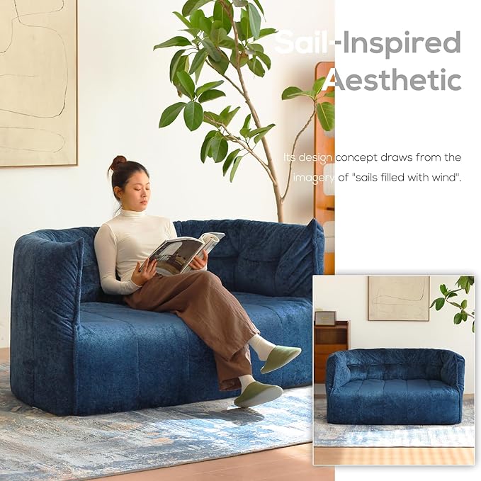 N&V Mid Century Brigantin Deep Relaxation Sofa, Soft Premium Chenille, for Living Room Bedroom and Office (Blue, ThreeSeater)