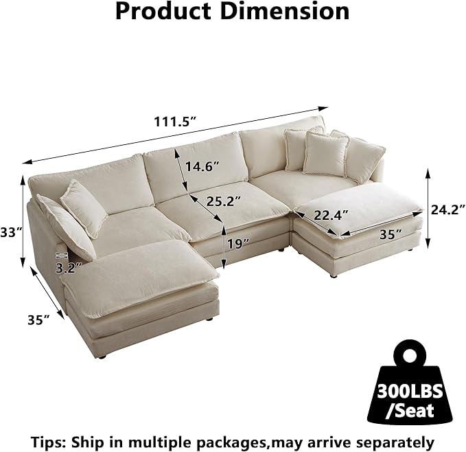 Aoowow Modular Sectional Sofa Modern Convertible U Shaped Couch,112.2 Inch Deep 3-Seater Sofas Set Comfy Chenille Cloud Sofas and Couches with Movable Ottoman for Living Room Apartment（Light Coffee）
