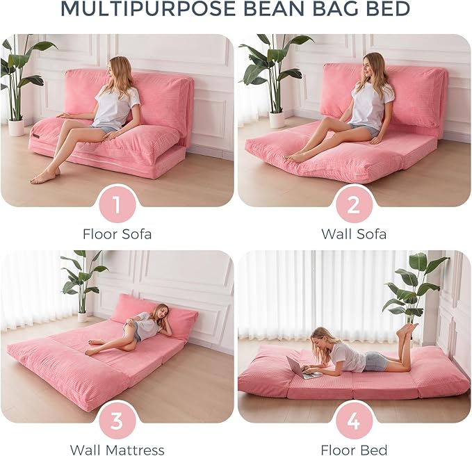 MAXYOYO Folding Sofa Bed, Extra Thick and Long Floor Sofa Convertible Sleeper Chair with Washable Cover, Floor Couch Lounge Bean Bag Bed for Living Room, Pink, 54x95 Inch