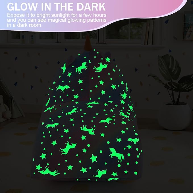 COMAX Unicorn Bean Bag Chairs for Kids 8-12, Kid Beanbag Chair with Filler, Big Toddler Lounge Bean Chair, Children Lazy Floor Lounger for Girls Boys, Glowing Rainbow