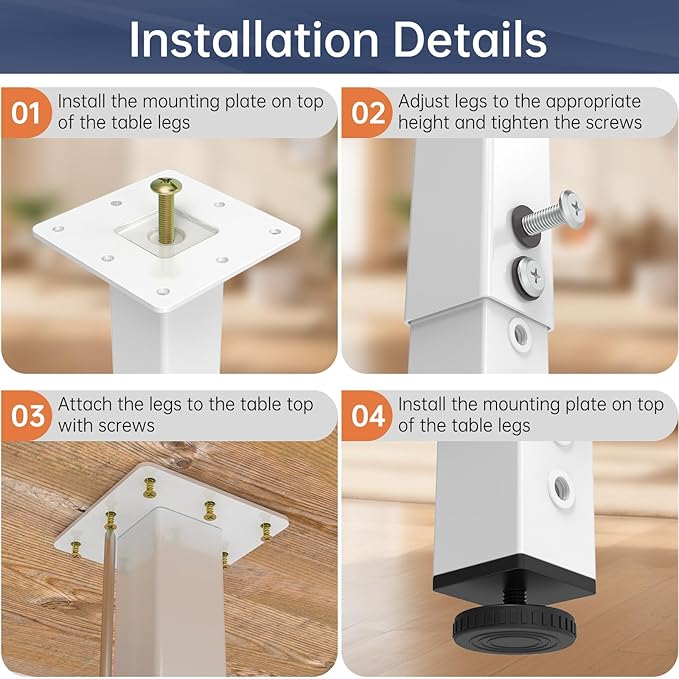 POROHOM 2PCS Adjustable Square Table Leg (14-24inch)，Metal Desk Legs, Home Office DIY Furniture Leg Set for Tables, DIY desks, Counter Tops, Kitchen Tables,Office Desk (White)