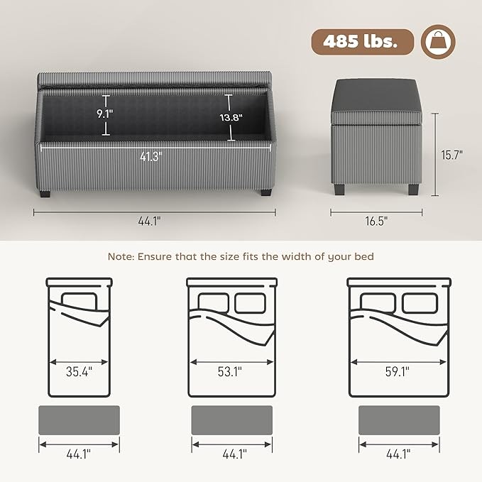 HOMCOM 44 Inches Storage Ottoman Bench, End of Bed Bench with Removable Lid, Legs, Corduroy Storage Chest Foot Rest, Padded Seat, for Living Room, Bedroom, Entryway, Gray