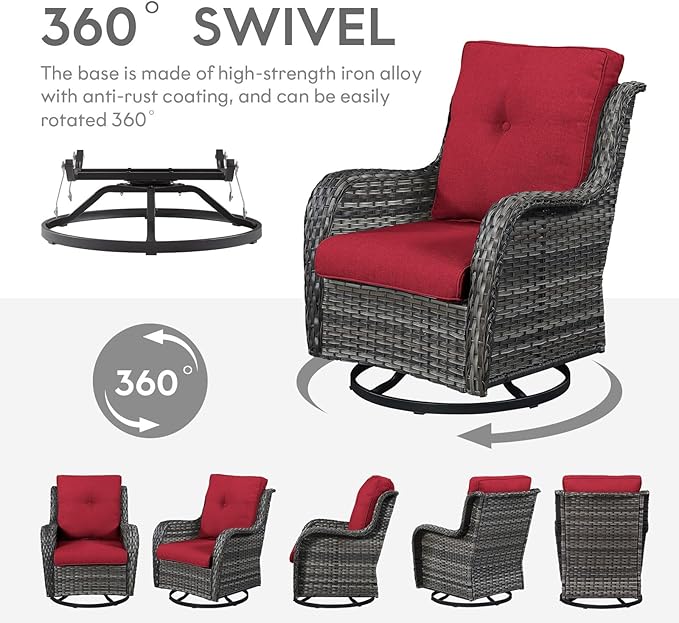Belord Outdoor Swivel Rocker Wicker Chairs Set of 3, High Back Swivel Patio Chairs Wicker Furniture Set, 2 PCS Rattan Swivel Rocking Chair with Side Table, Red Cushion