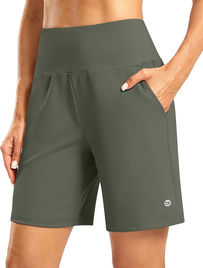 Women's Athletic Shorts with Zipper Pocket 7" High Waisted Stretchy Bermuda Shorts for Women Workout Running Casual