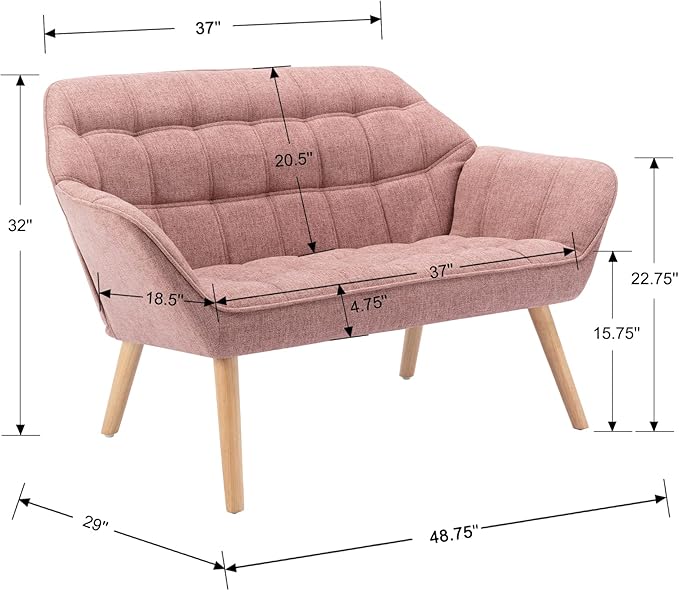 QUINJAY 48" Small Loveseat Sofa, Modern Linen Fabric Mini Sofa Couch 2-Seater Love Seat with Quilting Backs and Wood Legs for Living Room, Bedroom and Small Space, Pink