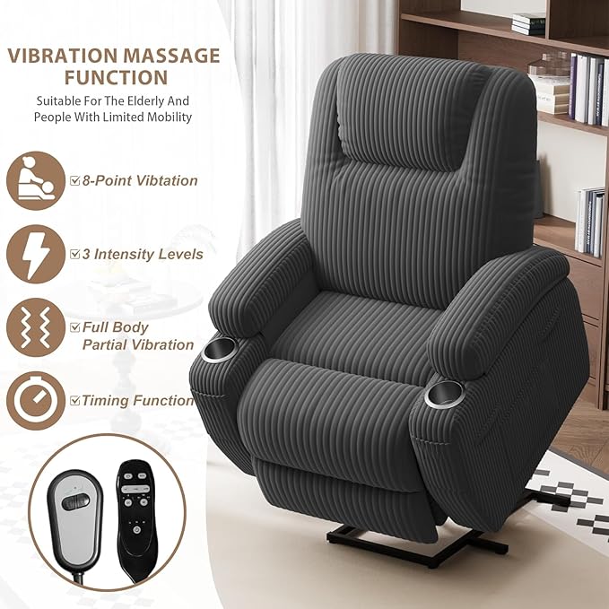 Flamaker Power Lift Chair Massage Recliner Chairs for Elderly, Corduroy Ergonomic Design with Cup Holders & Side Pockets, Remote Control (Dark Gray)