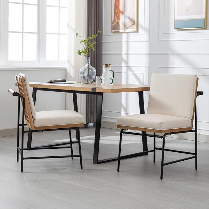 LukeAlon Mid Century PU Leather Dining Chairs Set of 2, Upholstered Square Back Kitchen Chairs with Metal Legs Armless Parsons Chairs with Wood Frame for Dining Room Reception Room, Beige