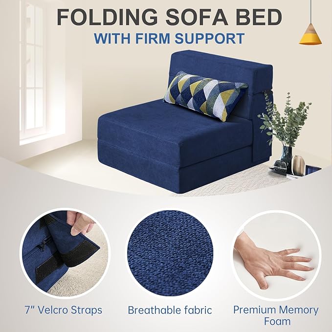 Nigoone Folding Sofa Bed with Pillow Memory Foam Convertible Sleeper Chair Bed Couch Futon Lazy for Living Room/Home Office/Guest Beds/Apartment/Upstairs Loft,Single Size,Dark Blue