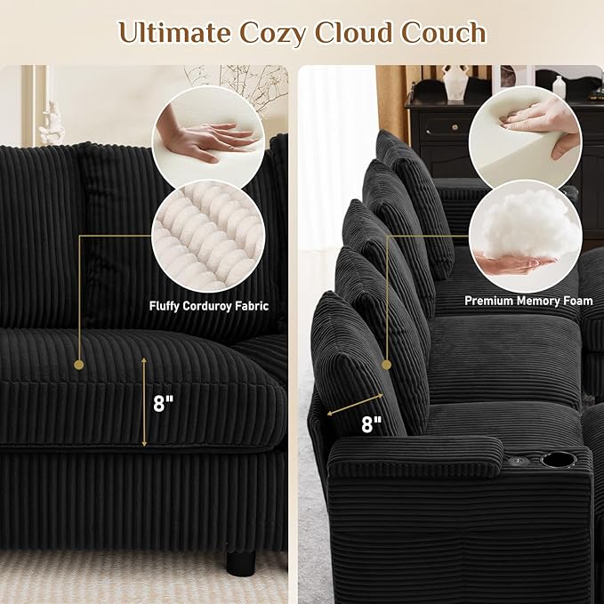 110" W x 60" D U Shape Sectional Sofa with USB Charging & Cup Holder & Storage, 5 Seater Plush Corduroy Couches with Movable Ottoman, Cloud Couch Sofas for Living Room, DIY Combination - Black