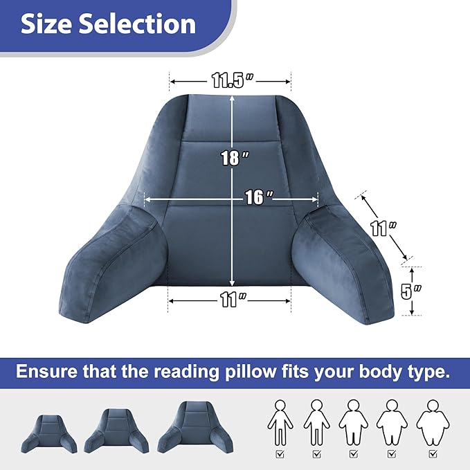 IASEAHK Reading Pillows for Sitting in Bed Adult, Back Pillow for Bed Sitting Up, Backrest Pillows with Shredded Foam for Adult&Teens, Support Pillow with Arms for Beds, Couch, Floor, 18in, Navy Blue