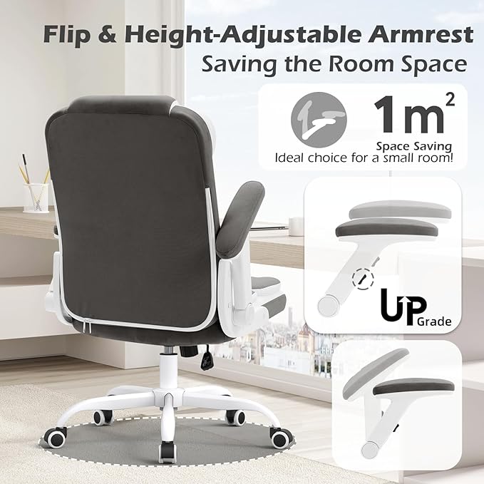 SEATZONE Office Chair Linen Fabric Ergonomic Executive Computer Desk Chairs Small Cute Rolling Task Chairs for Teens&Adults,Gray
