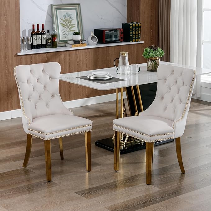 YeahFurn Mid Century Modern Dining Chairs Set of 6, Beige Velvet Upholstered Tufted Back, Kitchen & Dining Room Chairs, Gold Metal Legs, Nailhead Trim, Sillas para Comedor (Beige, 6 Pcs)