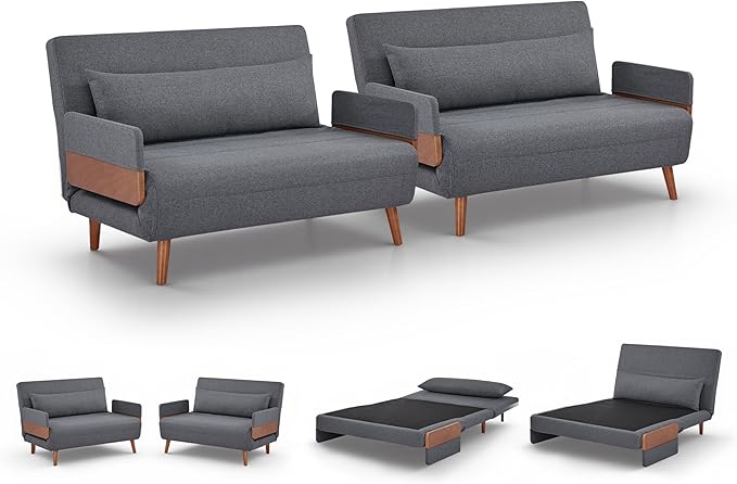 CITTANEO 2 Sets 45" Convertible Sleeper Chairs, 3-in-1 Chair Bed Sleeper for Adults with Adjustable Backrest, Pillows & Wooden Arms, 2 Piece Sofa Bed and Loveseat Sets for Living Room, Office, Gray