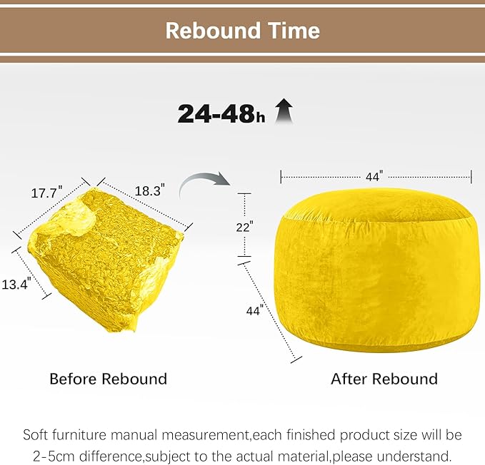 Bean Bag Chairs for Adults - Memory Foam Furniture BeanBag Chair - Kids/Teens Sofa with Soft Micro Fiber Cover - Round Fluffy Couch for Living Room Bedroom College Dorm - 4 ft, Yellow