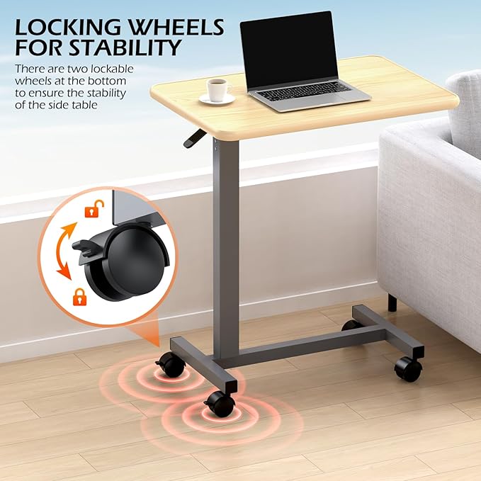 WOTURE Adjustable Overbed Table with Wheels, Bedside Rolling Table, Pneumatic Height Adjustment, Hospital Bed Table on Wheels, Standing Desk, Bedridden & Mobility Needs, Maple
