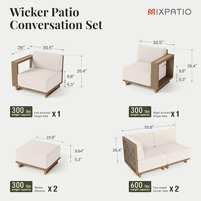 MIXPATIO 8 Pieces Outdoor Patio Furniture Set, Wicker Rattan Modular Patio Sofa Couch, Sectional Outdoor Conversation Set with 10" Extra Thick Cushions for Deck Backyard Lawn