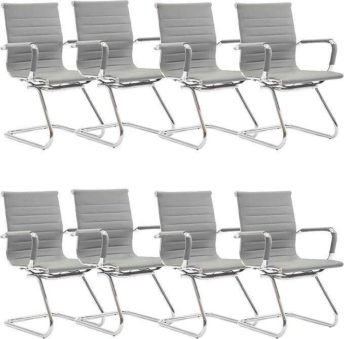 DM Furniture Office Desk Chair Set of 8,No Wheels PU Leather Computer Chairs Mid Back Guest Chairs with Seld Base for School/Reception/Conference/Waiting Room,Grey