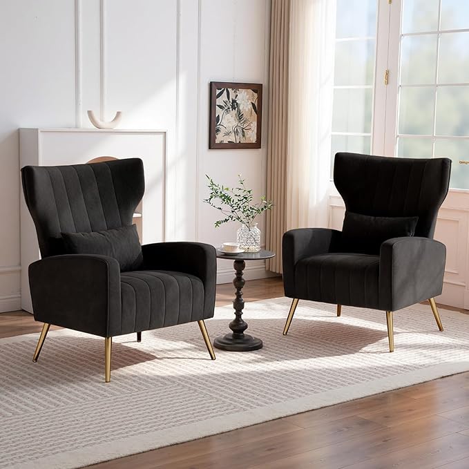 Nalupatio Modern Accent Chairs for Set of 4 Upholstered Velvet Fabric Reading Chair Mid Century Arm Chair Comfy Armchair for Living Room,Black