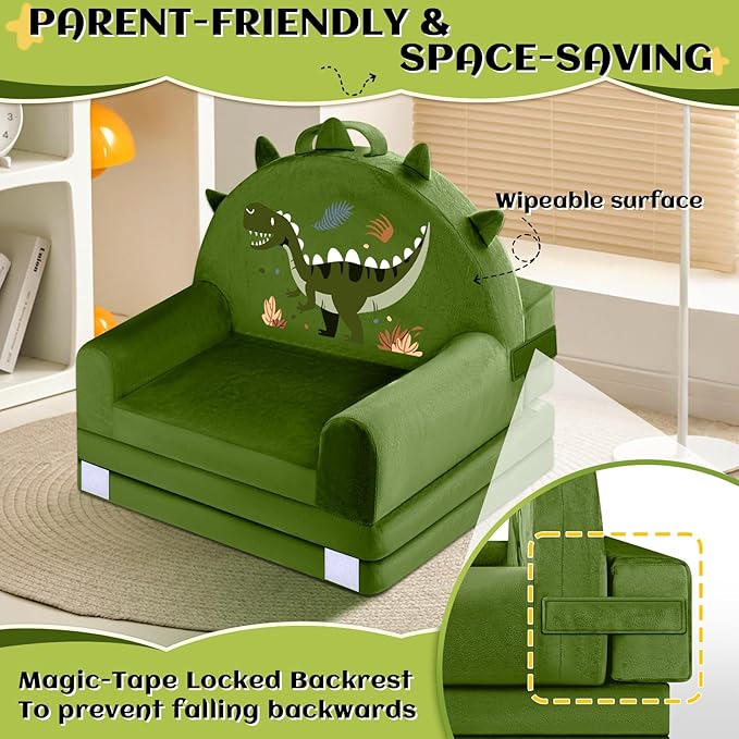 ORWIPO Dinosaur Kids Sofa Bed with Removable Washable Cover & Hook and Loop Backrest – Foldable Toddler Chair, Cozy Crystal Velvet Furniture for Playtime, Naps & Travel (Dark Green, Dino Design)