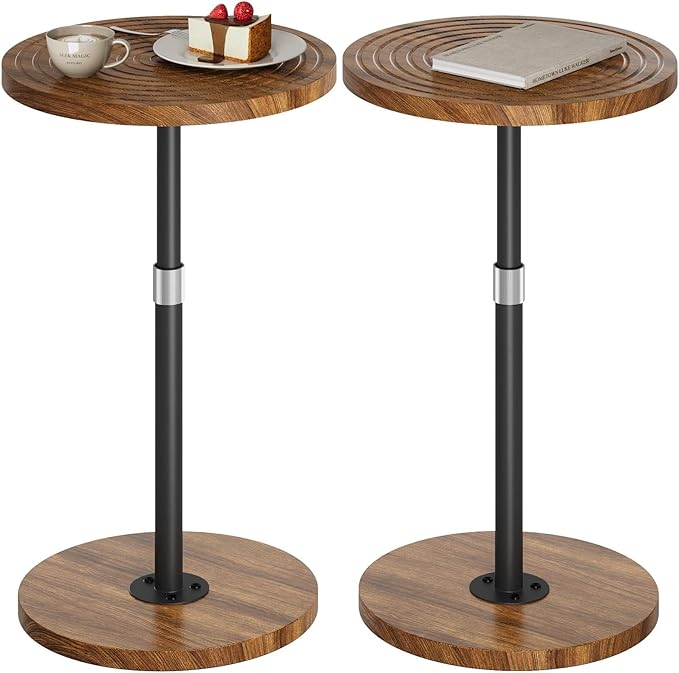 Asgolion Round Side Table Set of 2, Adjustable-Height Small Drink Table, Pedestal Martini Stand, Weighted Base Cocktail Table Accent Nightstand for Living Room, Bedroom, Bathroom, Office, Walnut