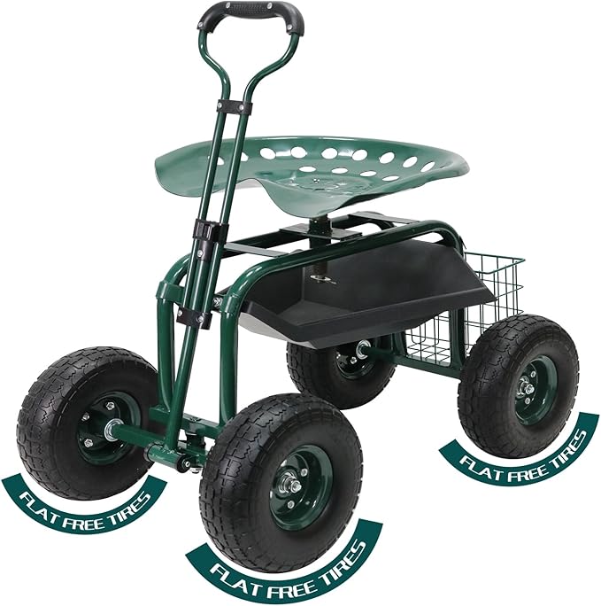 BDL Garden Cart Outdoor Rolling Garden Workseat with Wheels, Heavy Duty Garden Tool Cart with Extendable Handle and Storage for Seniors Yard Gardening Work
