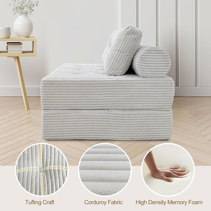 ANONER 33" Memory Foam Folding Sofa Bed, Sectional Couches with Deep Seat and Pillow, Futon Floor Couch, Versatile Convertible Sleeper Chair, Boneless Chaise Lounge, Fold Out Chair Bed, Beige