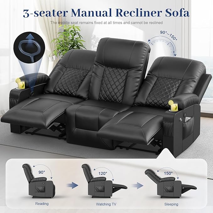 FURNIMAT Oversized Recliner Sofa Set with 2+3 Pieces in Living Room, PU Leather Loveseat Recliner Couch, Modern 3 Seats Dual Reclining Sofa with Cup Holder and 2 Cell Phone Holder, USB Ports, Black