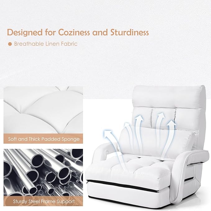 S AFSTAR Indoor Chaise Lounge Sofa, Folding Lazy Sofa Floor Chair with 6-Position Adjustable Backrest Lumbar Pillow, Folding Padded Lounger Bed with Armrests, Assembly-Free (White)