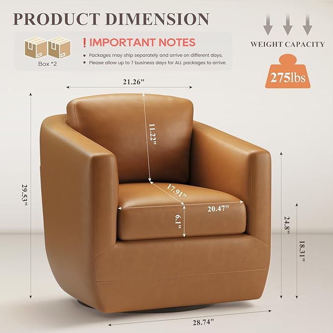 MALOL 360° Swivel Accent Chair Set of 2 with Pillow - Comfy Living Room Armchair No-Sag Foam & Sturdy Metal Base, Fully Assembled Swivel Accent Single Sofa for Bedroom Living Room, Office, Brown