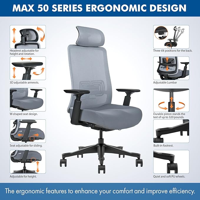 Mesh Office Chair with Headrest – Ergonomic Office Chair with Lumbar Support, Adjustable 3D Arms & Soft Seat – Holds Up to 330lbs (Gray)