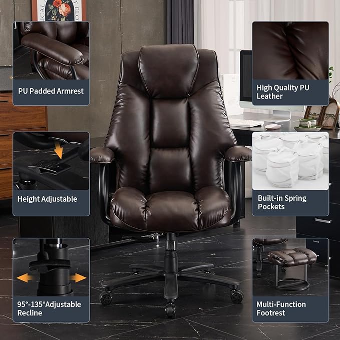 ATMILD Office Chair Big and Tall, High Back Ergonomic Office Chair with Padded Armrest, 400 lbs,PU Leather (Dark Brown)