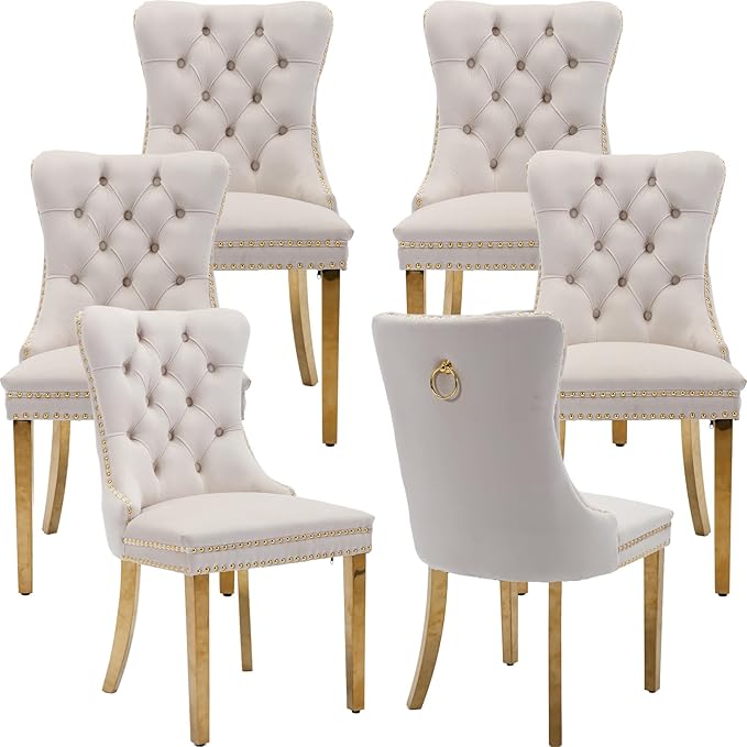 YeahFurn Mid Century Modern Dining Chairs Set of 6, Beige Velvet Upholstered Tufted Back, Kitchen & Dining Room Chairs, Gold Metal Legs, Nailhead Trim, Sillas para Comedor (Beige, 6 Pcs)