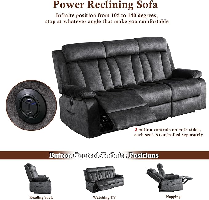 GUEAPY 3 Seater Power Reclining Sofa with Heat & Massage, Drop Down Table with Cup Holders, USB & Type-C Ports, Dutch Velvet Recliner Couch for Living Room, Home Theater & RV, Independent Controls