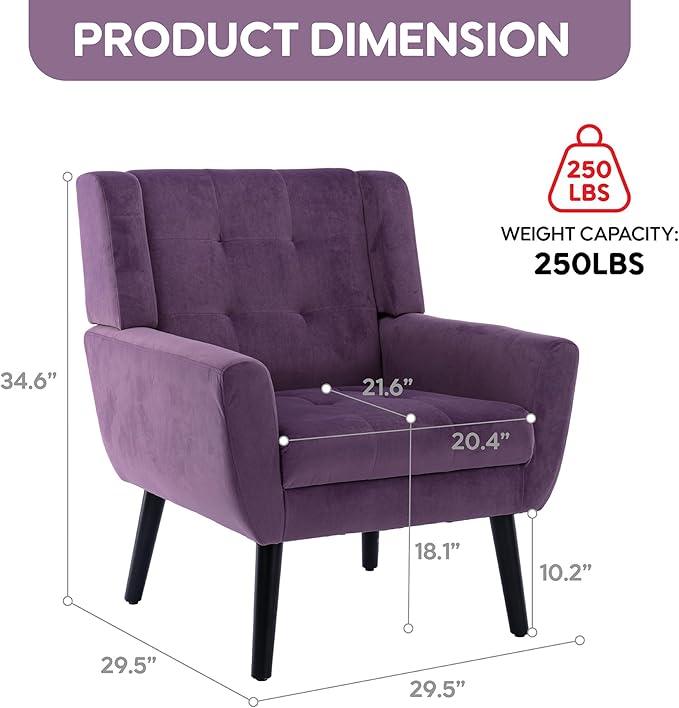 OO BY ORANGE ONLINE Set of 2 Velvet Accent Chair, Mid-Century Modern Tufted Armchair for Living Room, Bedroom & Office (Purple)