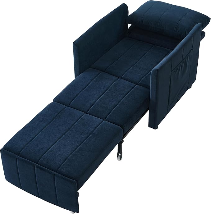 Merax Convertible Chair Bed with a Storage Basket, 3-in-1 Pull Out Sleeper Couch with 5-Position Adjustable Backrest, Linen Folding Sofa Bed for Living Room, Apartment Blue