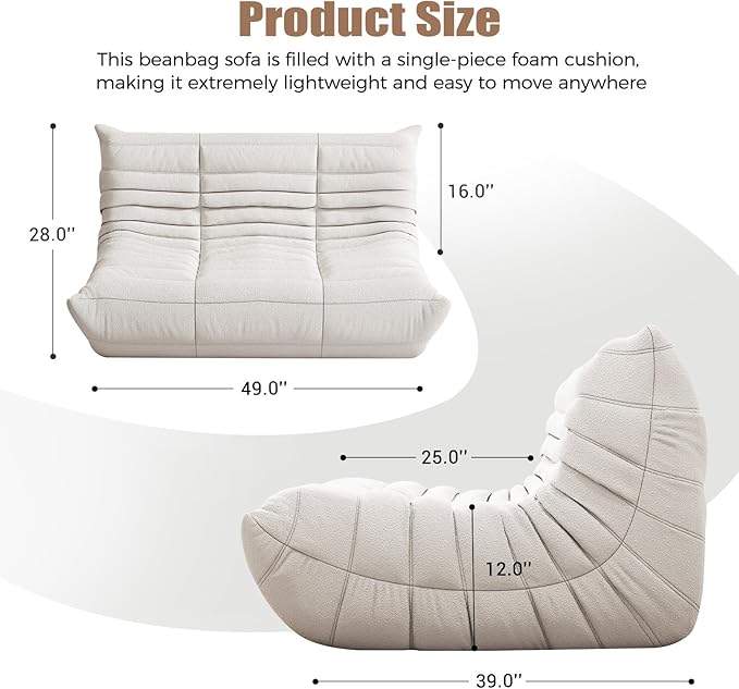 Selyteramy Bean Bag Chairs for Adults, Giant Bean Bag Chair Sofa with Memory Foam, Comfy Beanbag Loveseat Lazy Sofa for Living Room, Bedroom, Apartment, White